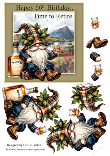 300dpi 6x6ins topper - Time to Retire, Scottish whiskey drinking Gnome 66th Birthday, 