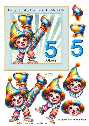 300dpi 6x6in topper & decoupage,5th birthday grandson, Clown