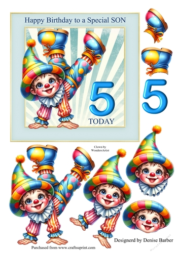 300dpi 6x6in topper & decoupage,5th birthday, Son Clown