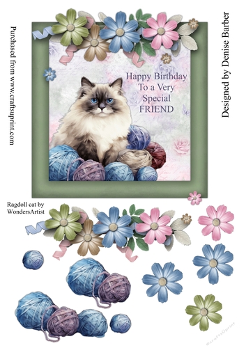 300dpi 6x6in topper & decoupage, Ragdoll cat with balls of wool, Birthday Friend in a floral frame