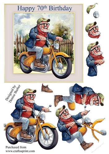6x6ins topper and decoupage of elderly man on motorbike - happy 70th birthday
