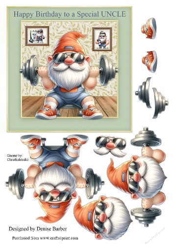 6x6ins topper & decoupage Body Builder Gnome Happy Birthday Special Uncle