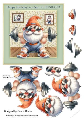 6x6ins topper & decoupage Body Builder Gnome Happy Birthday Special HUSBAND