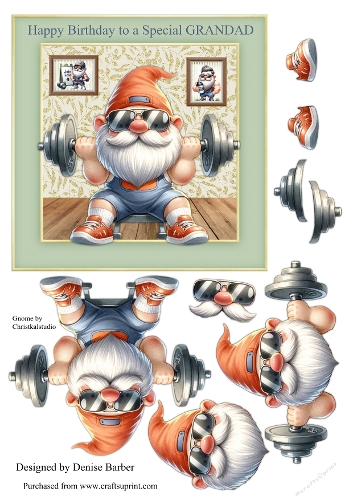 6x6ins topper & decoupage Body Builder Gnome Happy Birthday Special GRANDAD