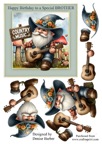 6x6ins topper & decoupage Country Music Gnome Happy Birthday Special Brother