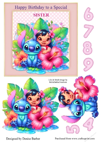 300dpi 6x6 ins topper & decoupage-Lilo & Stitch Sister birthday ages 4-9