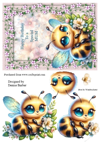 300dpi A5(Approx) Topper and decoupage Bee and Flowers Birthday Mum