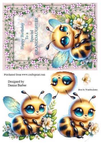 300dpi A5(Approx) Topper and decoupage Bee and Flowers Birthday Granddaughter