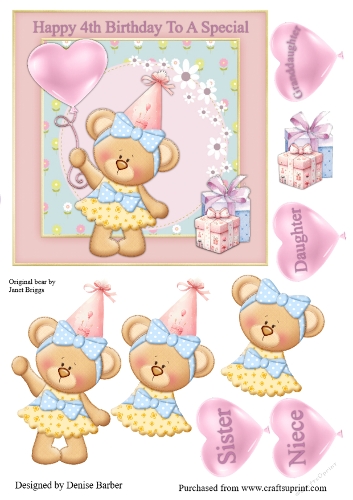 300dpi 6x6 ins topper/Decoupage- Bear with Heart balloon 4th Birthday Daughter, Sister, Niece, Granddaughter