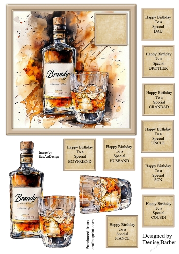 300dpi 6x6ins topper & decoupage-Brandy Bottle and glass- Birthday-Dad/Brother/Grandad/Uncle/Cousin/Son/Fiance/Husband/Boyfriend