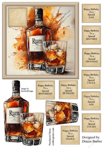 300dpi 6x6ins topper & decoupage- Rum Bottle and glass- Birthday-Dad/Brother/Grandad/Uncle/Cousin/Son/Fiance/Husband/Boyfriend