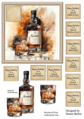 300dpi 6x6ins topper & decoupage- Scotch Bottle and glass- Birthday-Father/Brother/Son/Cousin-in-Law, Grandpa, Nephew, Grandson, Friend, Partner