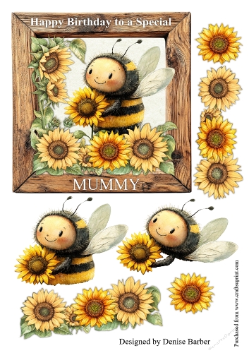 300dpi 6x6in topper & decoupage, Bee and sunflowers- Birthday MUMMY