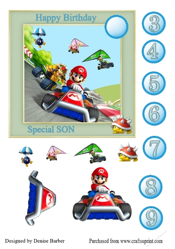 300dpi 6x6ins topper & decoupage-Super Mario Race-Son ages 3-9- Birthday