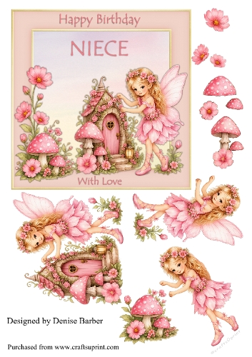 300 dpi 6x6 inTopper & Decoupage -Fairy House, Fairy and flowers - Birthday Niece