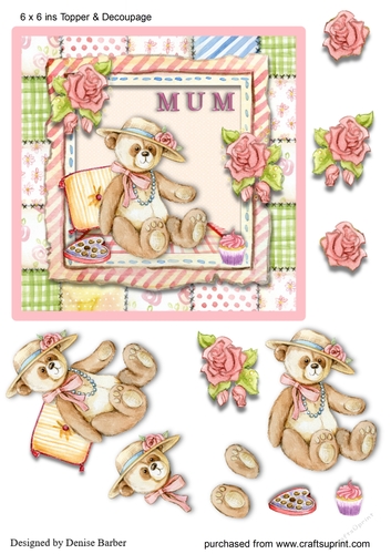 Mum Teddy topper (6 x 6 ins) and decoupage