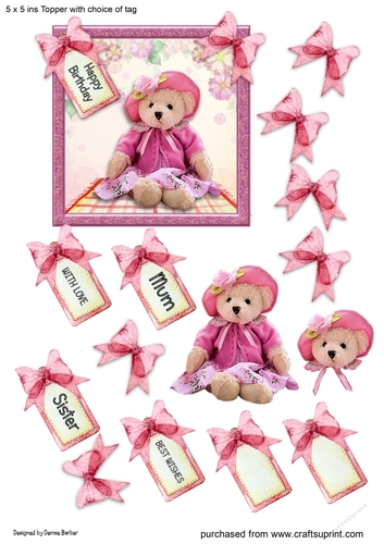 5 x 5 ins Topper Teddy, bows and greeting,with decoupage