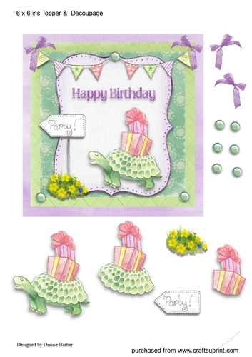 6 x 6 ins Topper - Tortoise with Presents, decoupage