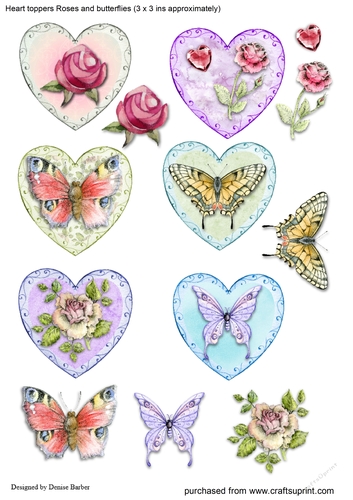 6 heart toppers and decoupage. Butterflies and roses