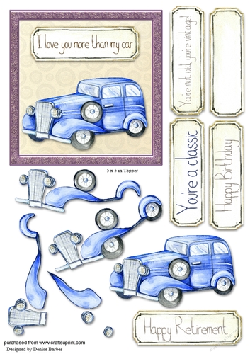 Blue vintage car 5 x 5ins topper and decoupage, and choice of greeting