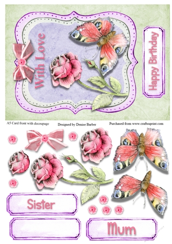 A5 card front with Love, - decoupage - butterfly and rose