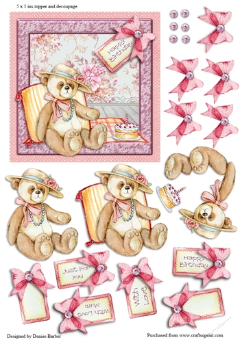 5 x 5 ins Teddy and cake, with decoupage and choice of tag