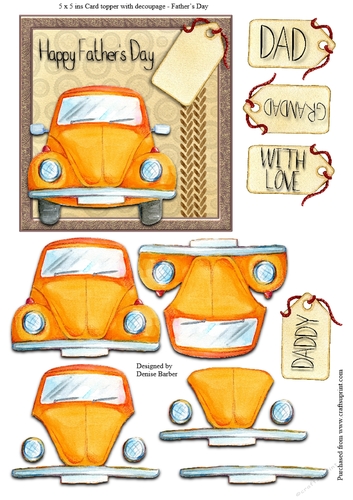 5x5ins card topper and decoupage, orange car, fathers day