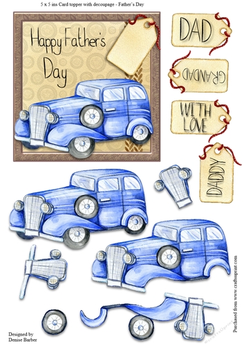 Fathers Day vintage car topper (5x5ins) and decoupage, choice of tag 