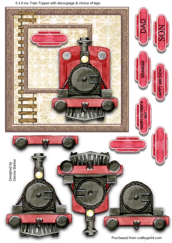 6 x 6 ins Topper - Train with decoupage - Fathers Day/Birthday