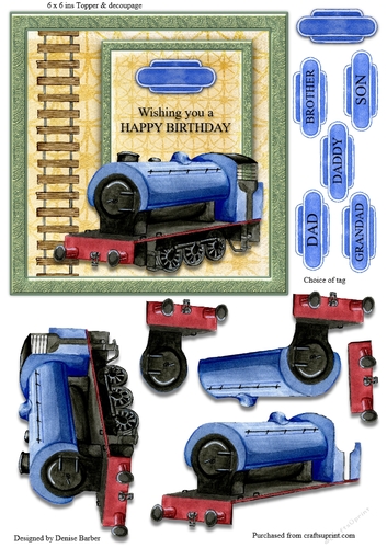 6 x 6 ins blue train topper with decoupage and choice of Name tag