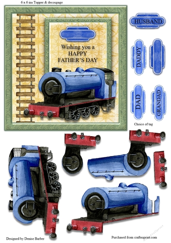6 x 6 ins  Blue train Topper with Decoupage, Fathers Day, choice of name tag