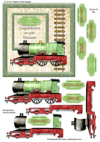 6 x 6 ins Green train topper & decoupage- Retirement and tag choice 