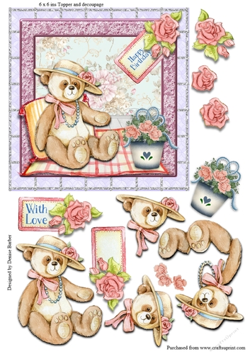 6 x 6 ins Topper, teddy with pot plant and decoupage, Birthday