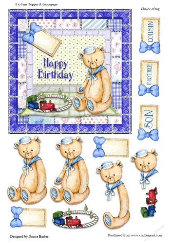 6 x 6 ins Topper and decoupage,Teddy with train, Birthday