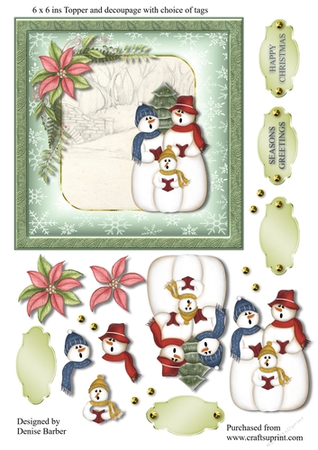 (300dpi) 6 x 6 ins carol singing snowmen, topper and decoupage, choice of tag