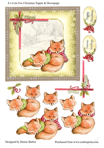 6 x 6 ins (300dpi) Fox Christmas Card Topper & Decoupage