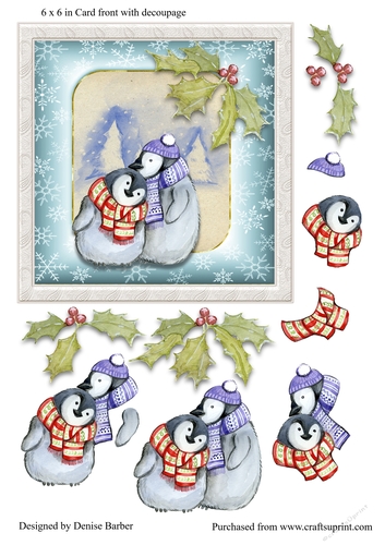 300dpi 6 x 6in Card front - Penguins and holly, & decoupage