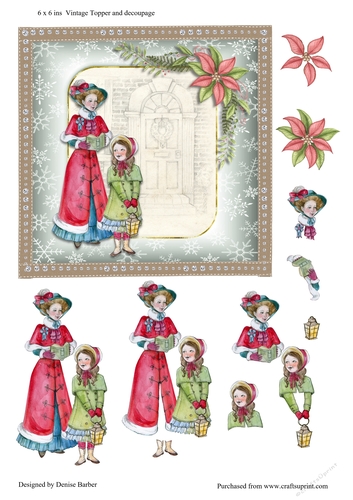 300dpi, 6 x 6in Vintage Lady and Girl Christmas Card Topper & Decoupage