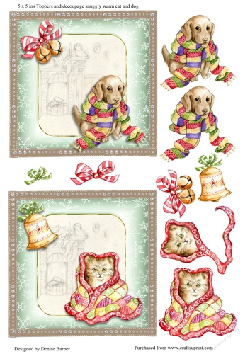 300dpi Two 5 x 5ins Chrtistmas card toppers & Decoupage - Snuggly warm 1 cat, 1 dog