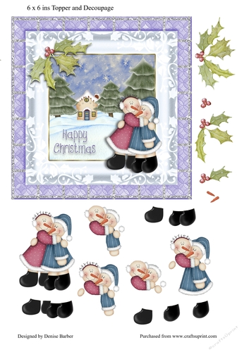 6 x 6 ins (300dpi) Christmas card topper and decoupage - two Hugging Snowmen