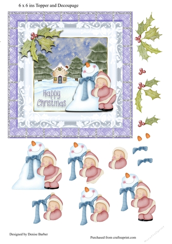 300dpi, 6x6ins Christmas card topper of child (pink) and snowman, with decoupage
