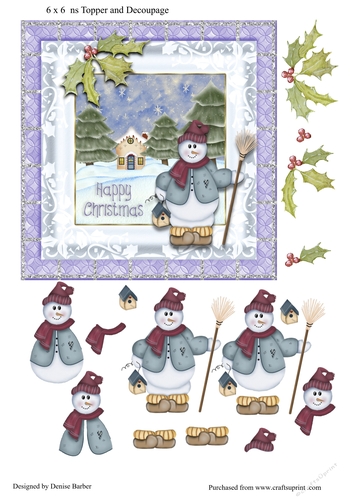 300dpi - 6x6ins Christmas card topper and decoupage-Snowman with broom and birdhouse