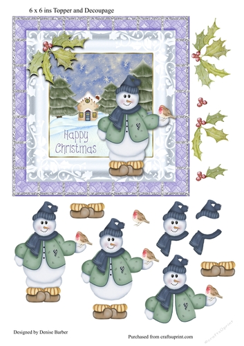 300dpi - 6x6ins Christmas card topper and decoupage-Snowman and robin