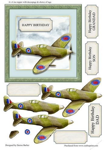 300dpi 6 x 6 ins vintage plane card front topper, with decoupage and choice of tag,