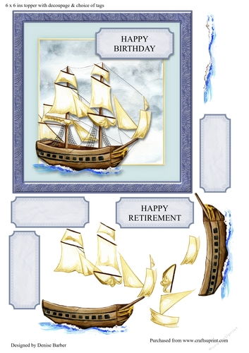 300dpi 6 x 6 ins Card front Topper of a Vintage Sailing Ship, decoupage & Choice of tag