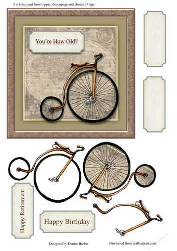 300dpi 6 x 6ins card Topper, vintage Pennyfarthing Bike, with decoupage and tags