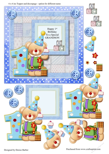 300dpi 6x6ins Card Topper with Decoupage, 1st Birthday Grandson or your own message