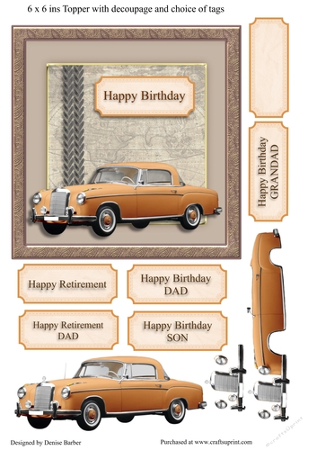 300dpi 6 x 6 ins Card topper and decoupage, choice of tag- classic Mercedes Car 