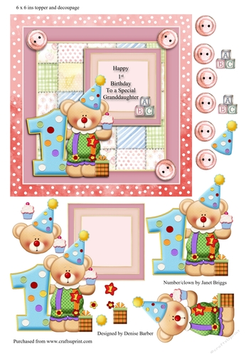 300dpi 6 x 6 ins card topper and decoupage 1st Birthday Granddaughter or own words