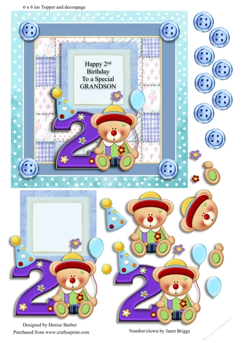 300dpi 6 x 6ins Topper & decoupage,Blue, clown, grandson 2nd Birthday, or own choice